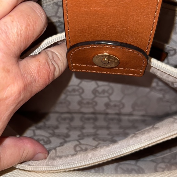 Michael Kors Hamilton Bag Large Blue Stripe Satchel Creme Leather Trim - Picture 10 of 13